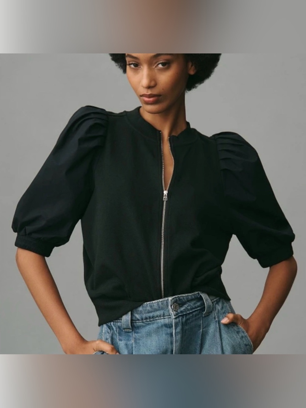 Maeve Black Puff Sleeve Zip Front Top